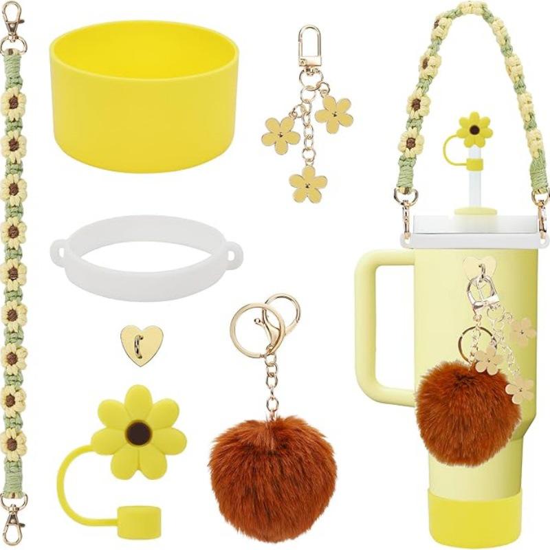 Straw Cap Silicone Insulated Cup Sleeve with Handheld Rope & Flower Pompon Pendant Set