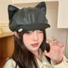 Woman Beret Leather Hat With Curved Brim And Cat Ear Detail For Trendy Dress Up