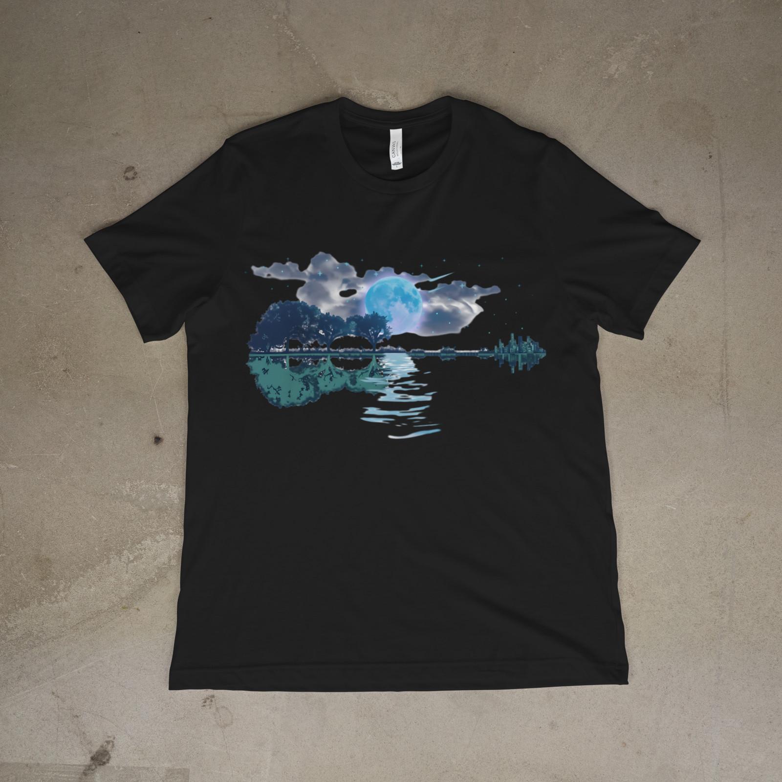 Guitar Lake Reflection Shirt, Moon Night Musician Acoustic Graphic Tee 2XL