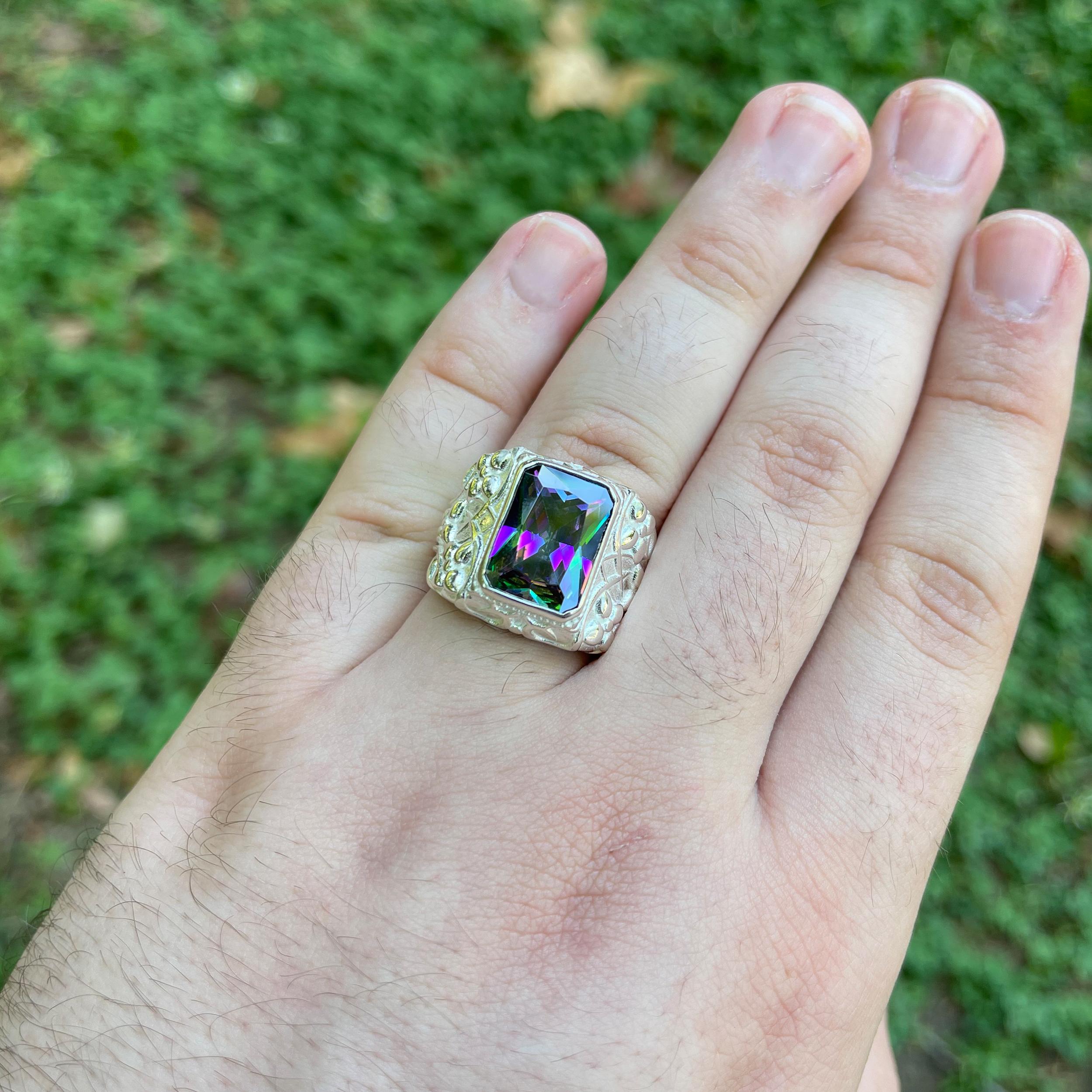 

925K Mystic Topaz Stone Silver Ring – Rainbow-Colored Stone Men s Ring, Unique Turkish Design Jewelry, Perfect Gift for Him 7 серебряный