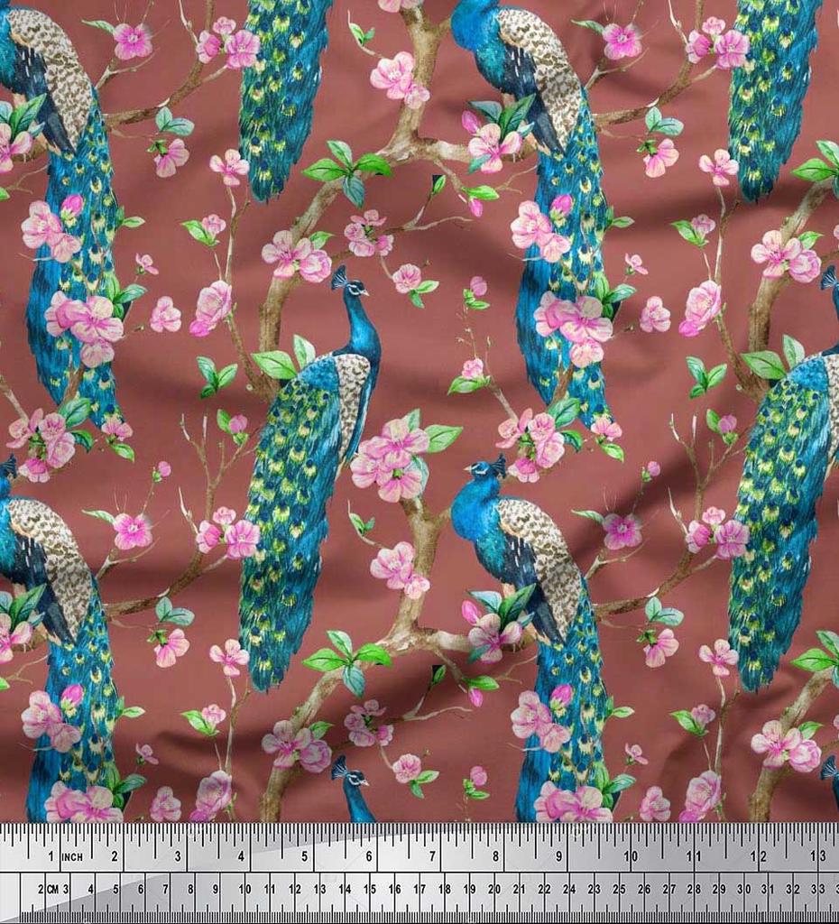 Soimoi Black Poly Crepe Fabric Pink Flower|Branch & Peacock Bird Print Fabric by the Yard 42 Inch