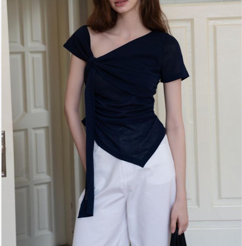 Asymmetrical streamer Oblique V-neck short sleeve Pinch pleated waist Irregular slim and thin T summer S