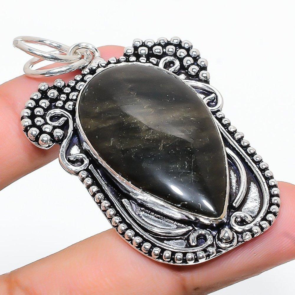 Natural Silversheen Obsidian Gemstone 925 Sterling Silver Pendant 2.44" n6N16
