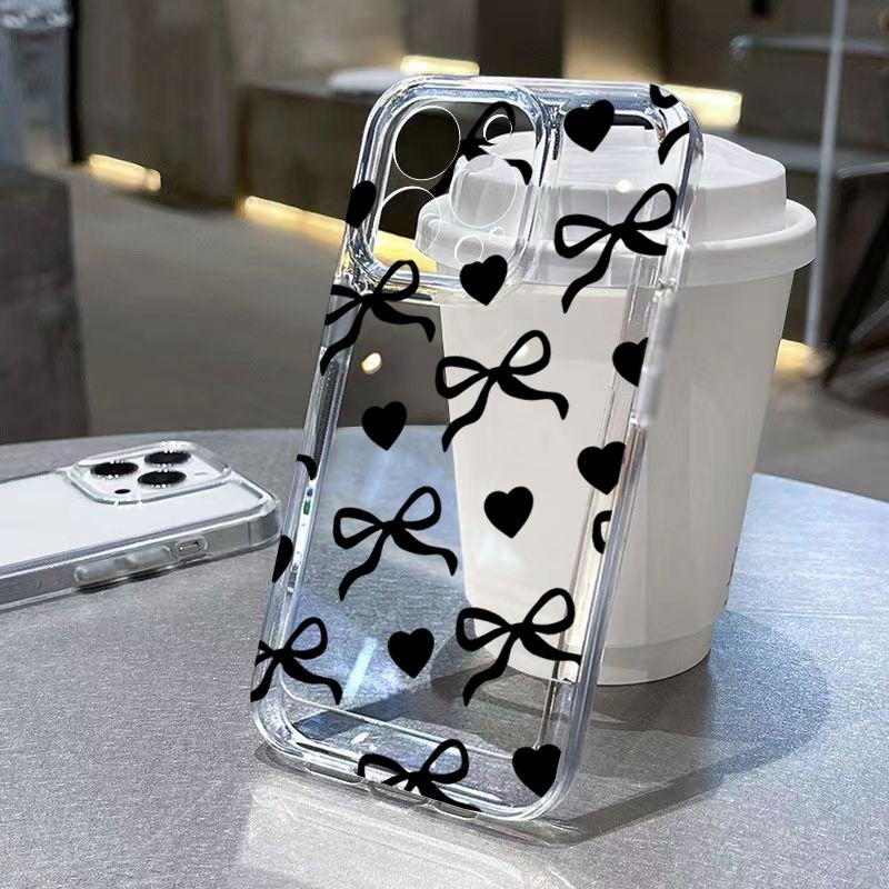 Simple Love Heart Bow Polka Dot Phone Case For iPhone 17 16 15 Pro Max 14 13 12 11 XS X XR 7 8 Plus 16E 17 Air Transparent Cover