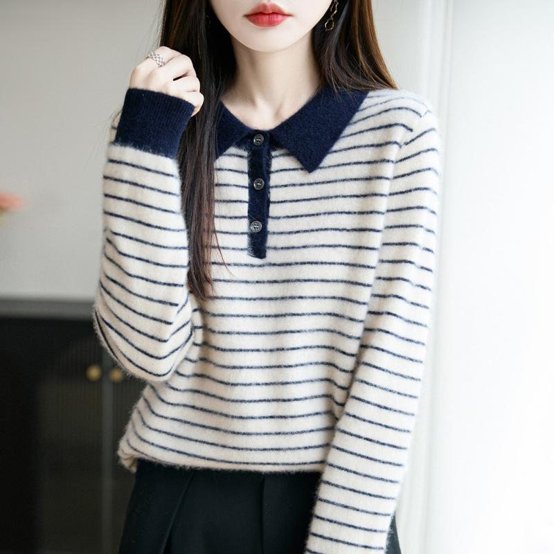 Women's Striped Color Block Polo Neck Knit Sweater - Long Sleeve, Autumn/Winter Top