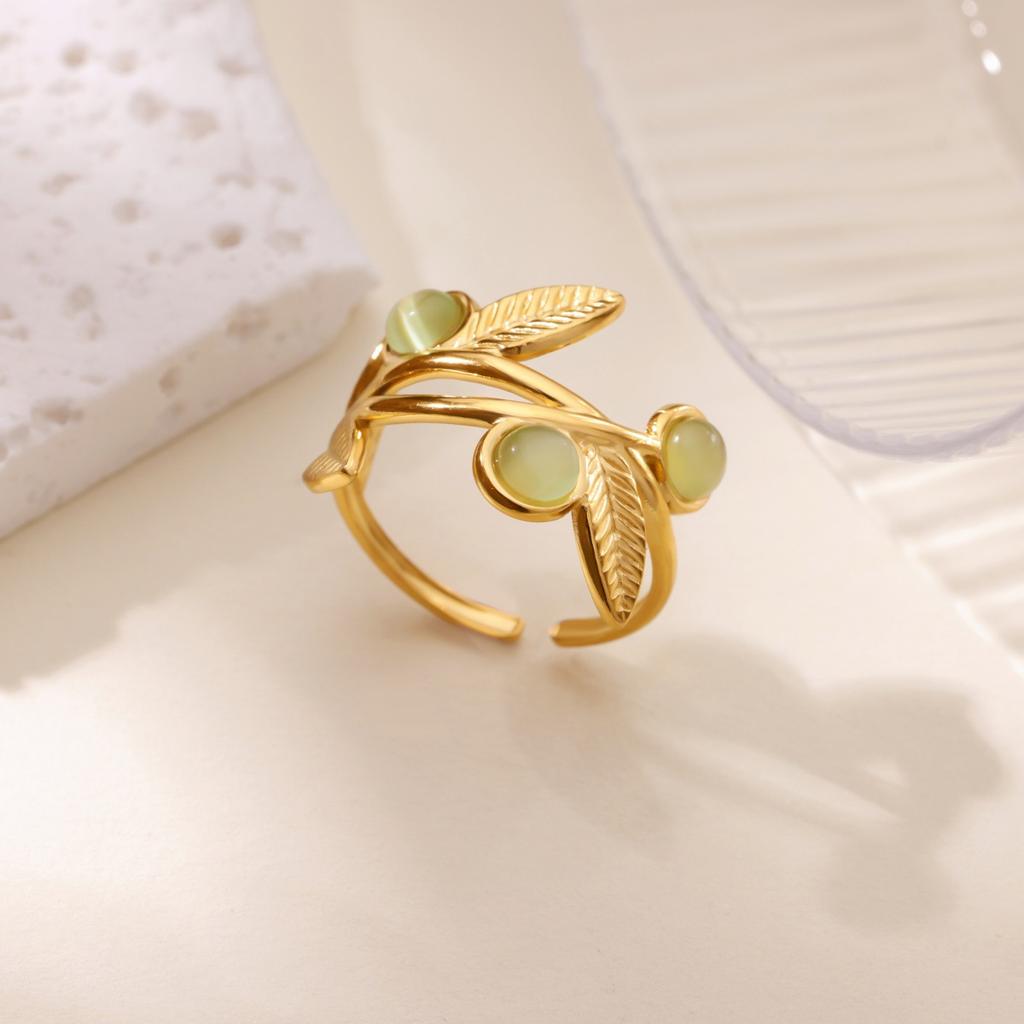 Vintage Green Stone Open Stainless Steel Rings For Women Fashion Gold Color Flower Zircon Ring Jewelry Aesthetic Anillos Gift
