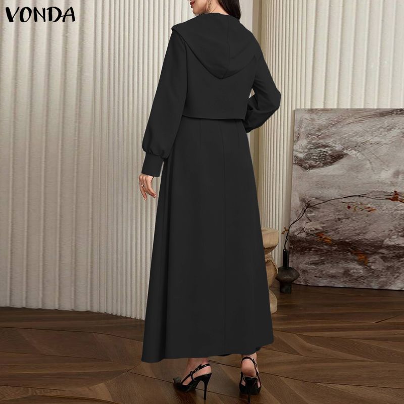 VONDA 2PCS Women Long Sleeve Hooded Tops and Sleeveless Skirts Casual Two Piece Suit Sets
