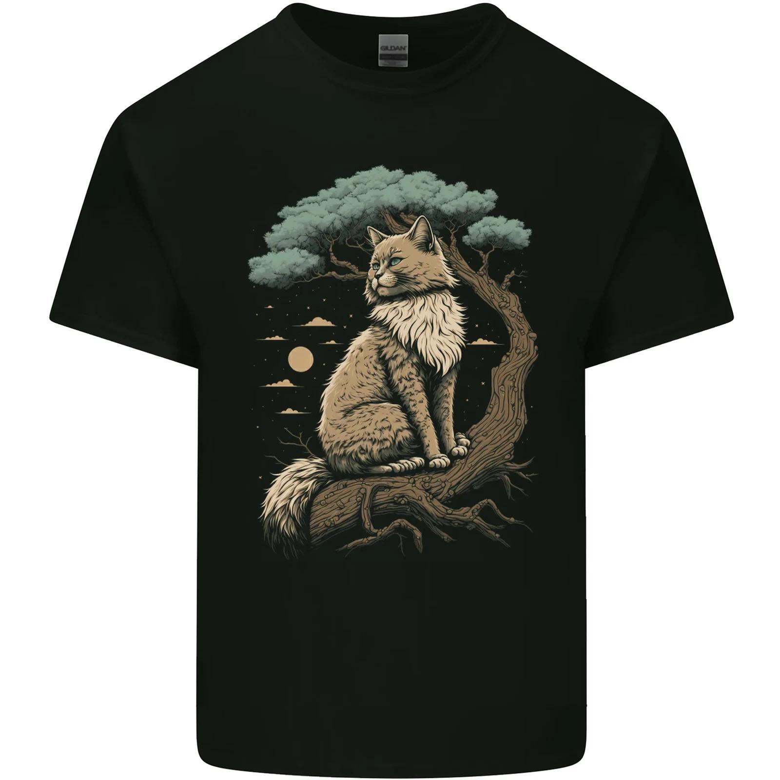A Moon Cat Sitting on a Tree Fantasy Kids T-Shirt Childrens L