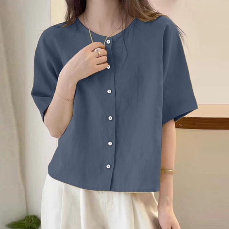 ZANZEA Women Casual Round Neck Solid Color Short Sleeve Cotton T-Shirts