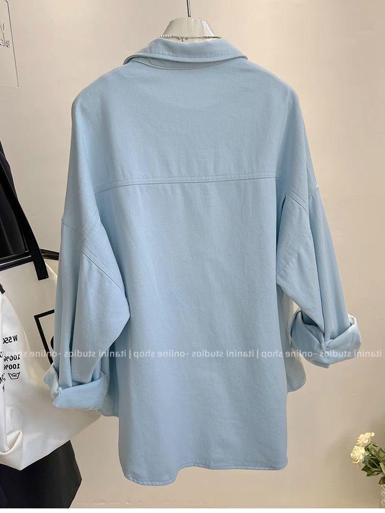 Women's Casual Loose-Fit Blue Twill Shirt Jacket - Long Sleeve, Lapel, Autumn/Winter Trendy Top