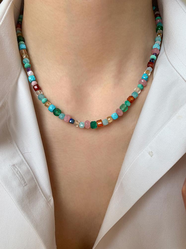 Imitate Colorful Natural Stone Beaded Necklace Women's Sweet and Fashionable Jewelry Set Elegant Accessories Neckchain for Girls