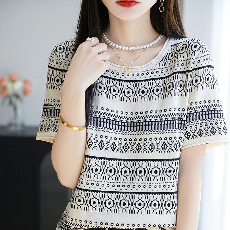 Women's Bamboo Linen Fair Isle Stripe Knit Round Neck Short Sleeve Loose Top