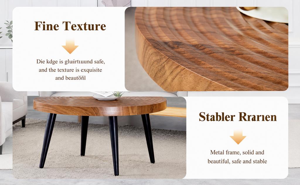 Round, Ginger-colored Coffee Table with Walnut Grain and Growth Rings, Reinforced Tabletop and Slim Black Metal Legs; Side Table for Small Apartments