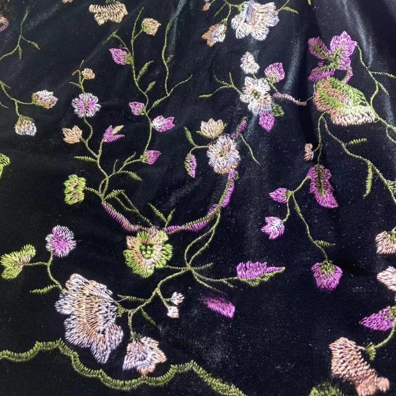50cm/100cm*130cm Floral Pattern Black Color Velvet Embroidered Jacquard Fabrics for Sewing Cheongsam Dress Clothing
