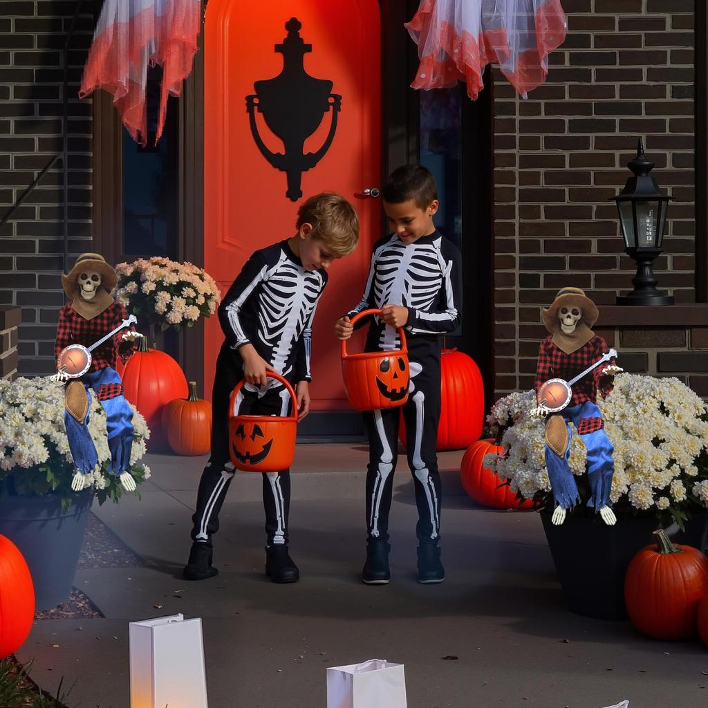 Halloween Skeleton 23.6 Inch Animated Banjo Skeleton Joint Adjustable Musical Prop for Indoor Outdoor Holiday Display Haunted