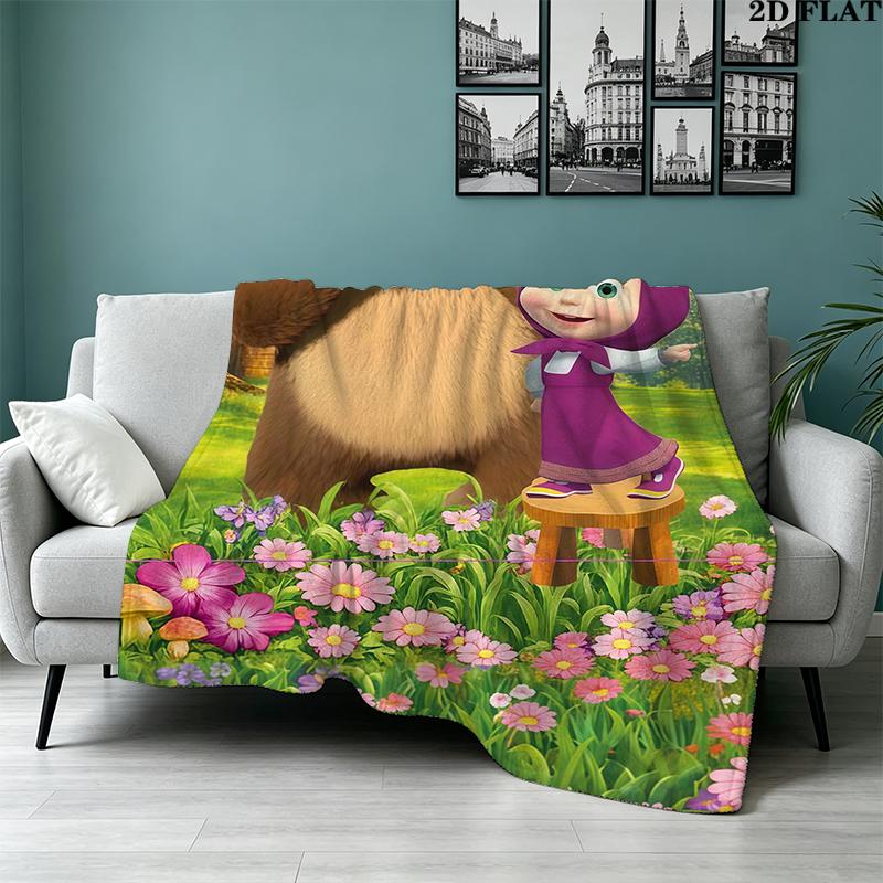 Cartoon Masha Bear Print Flannel Blanket High Quality Warm Comfortable Cover for All Seasons Perfect for Gifts Home Decor