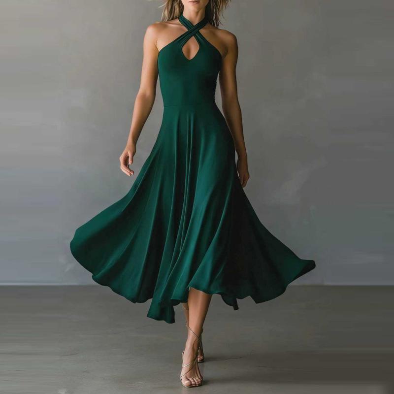 Retro Elegant Black Keyhole Backless Halter Neck A-line Long Dress for Women