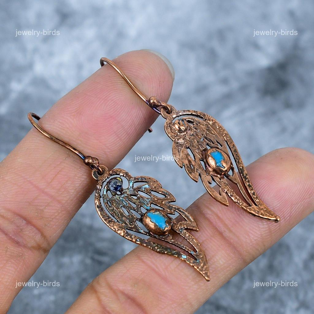 Turquoise Gemstone Copper Dangling Electroformed Anniversary Wife Gift Earrings VP-87