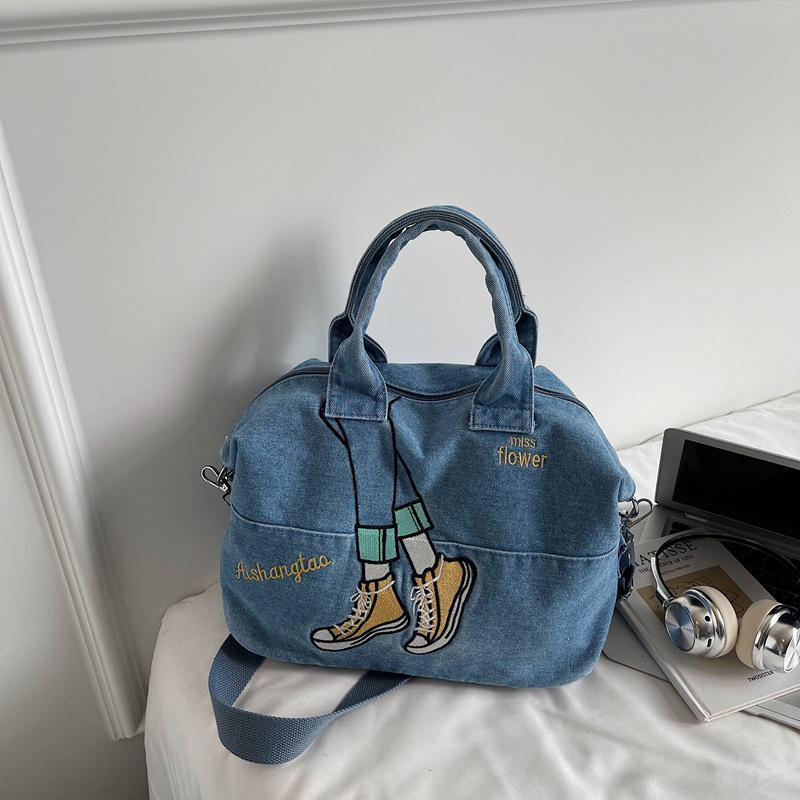 

Korean Style Color Block Embroidery Denim Bag - Versatile Large Capacity Shoulder & Crossbody Bag