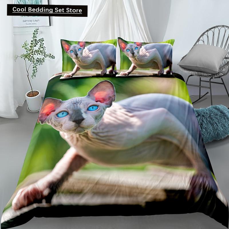 Sphynx Cat King Queen Duvet Cover Lovely Pet Kitty Bedding Set for Kids Teens Adults Animal Grey 2/3pcs Polyester Quilt Cover