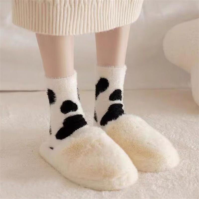 Cute Cow Spots Print Socks Thickened Warm Mink Cashmere Socks Funny Cartoon Animals Socks Comfortable Warm Autumn Winter