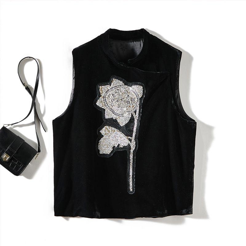 

Strong Sense of Design! Show Small Stand Collar Gold Velvet Metal Beads Sunflower Vest Women Stacked All-Matching Outerwear Black L