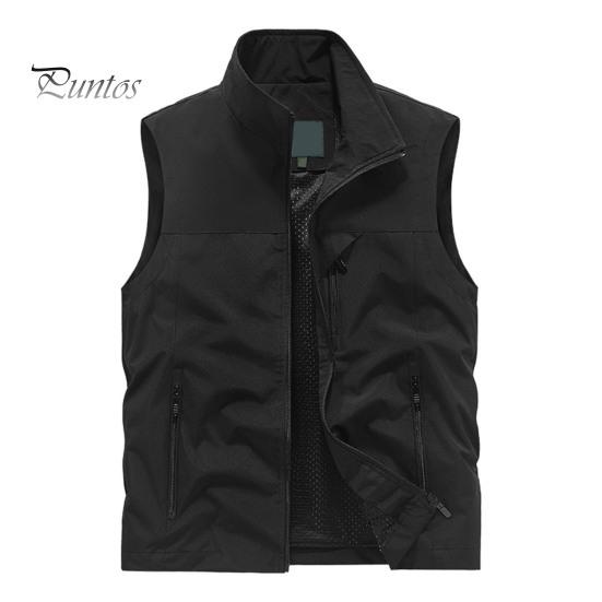 

Мужской жилет с воротником-стойкой, без рукавов, застежка-молния, жилет с большими карманами, однотонный жилет для рыбалки на открытом воздухе XL чёрный
