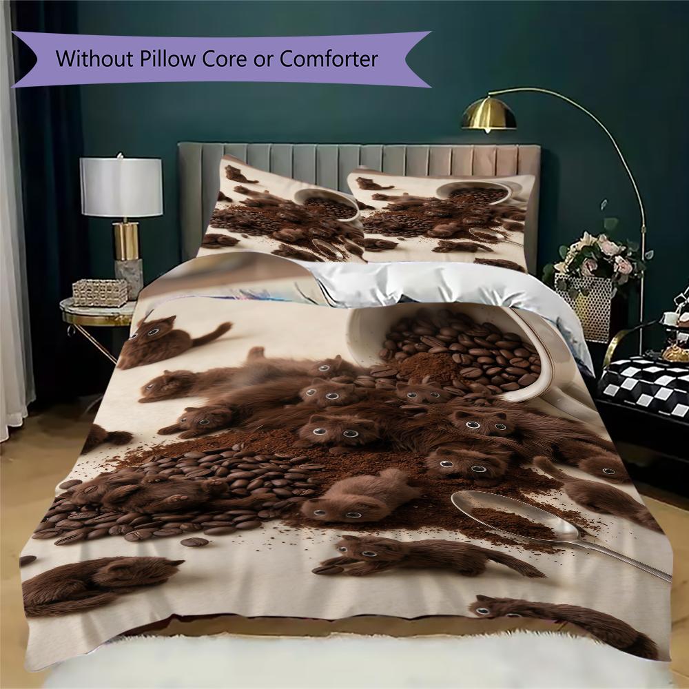 Coffee Black Cat Pattern Bedding Uilt Set Uilt Cover Pillowcase Home Decoration Birthday Gift (1 * Duvet Cover + 2 * Pillowcase Without Core)