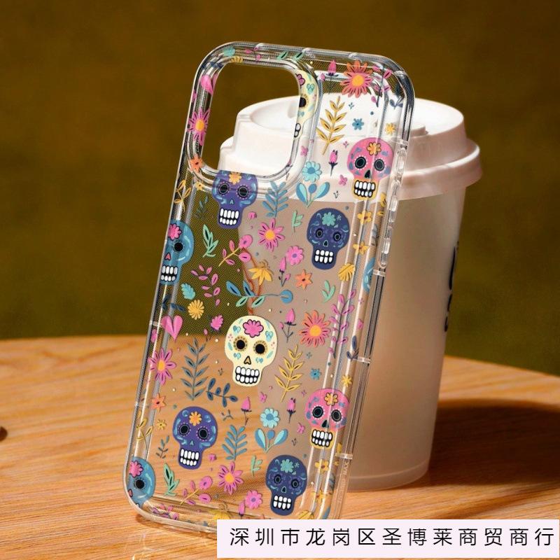 Colored skull flower applies to iPhone16Pro Apple 15Pro mobile phone case 14 transparent 13 airbag 12 burst