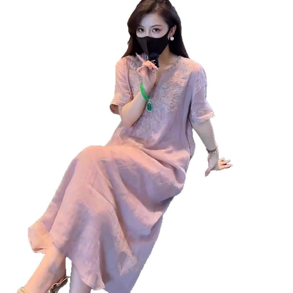 New Chinese style national style heavy industry embroidery V-neck dress women's 2025 summer new loose and thin temperament long skirt