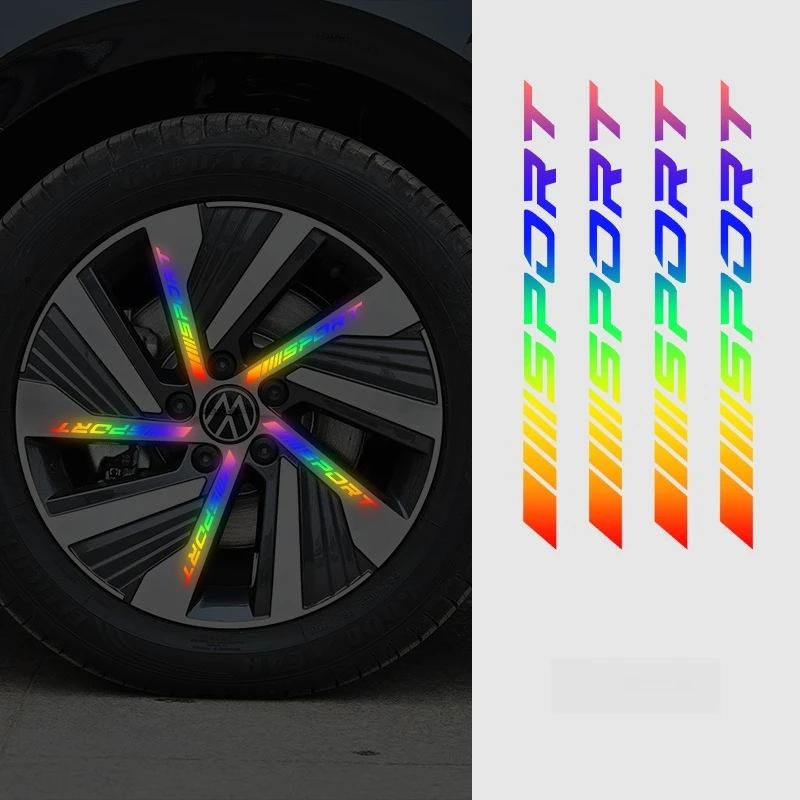 4 Pezzi Adesivo Universale Riflettente per Bordo Cerchio, Strisce Decorative di Sicurezza Notturna per Ruota Auto, Adesivi Riflettenti con Logo Sportivo