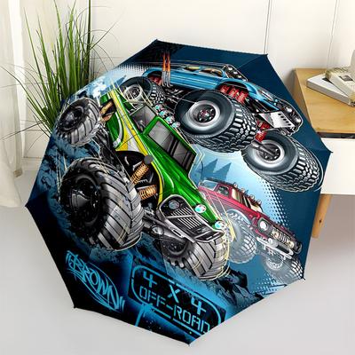 Monster Trucks, Off-Road Adventure Themed Automatic Opening and Closing Umbrella, Compact Travel Umbrella, Lightweight and Portable, Suitabl