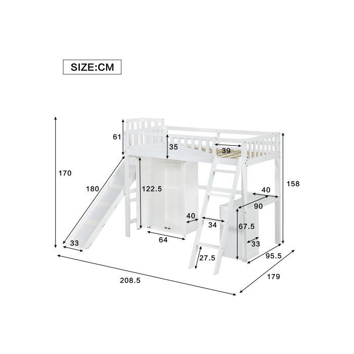 Lit superposé - MUVOE - 90x200 cm - Blanc - Avec table et armoire - Sécurisé EN747