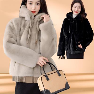 Imitatie Nertsjas Dames Nieuw Seizoen Jas met Capuchon Herfst Winter Konijnenbovenkleding Los Temperament Dames Bovenkleding Top