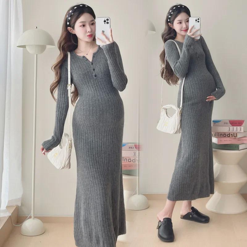 "2024 French Stripe Knit Maternity Sweater Dress - Mid-Length, Ideal for Spring & Autumn"