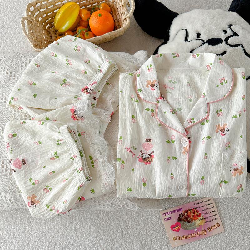 Pastoral Fairy Style Little Girl Summer Short-Sleeved Pajamas Women'S Thin Loungewear Cloud Cotton Three-Piece Set