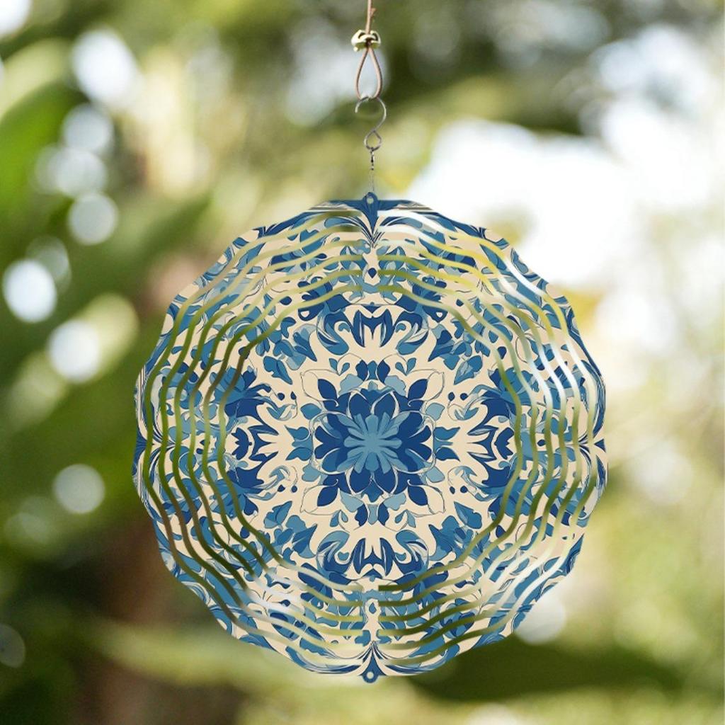 10 Zoll Blau Weiß Floral Metall Windspiel mit 360 Schwenkhaken für Garten Balkon Terrasse Außendekor Frühling Sommer