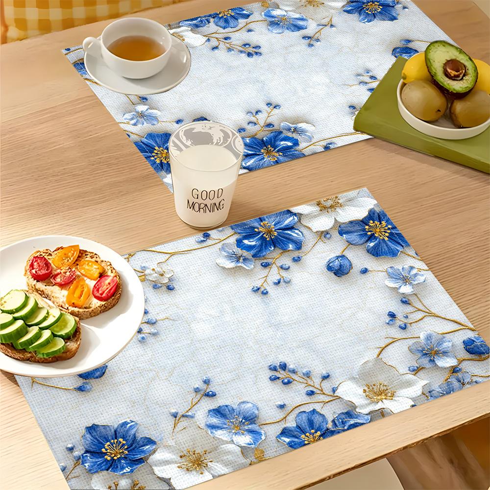 4pcs 2D FLAT Digital Print Placemats, Blue and White Floral with Golden Vines, Light Luxury Style Patterned Printed Placemats, To Make Your Dining