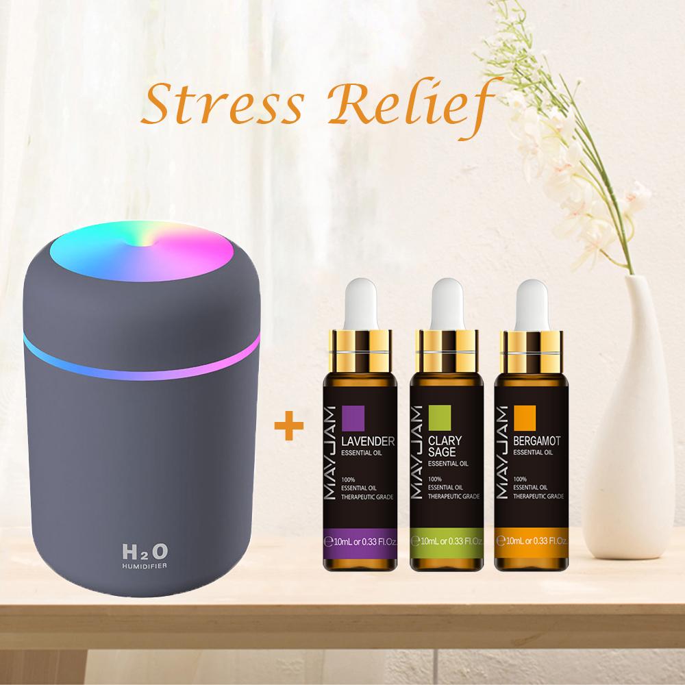 MAYJAM 3Pcs Pure Essential Oils with Humidifier Help Sleeping Stress Relief Insect Repellent Air Fresh Diffuser Mint Rose Lavender Aroma Oil