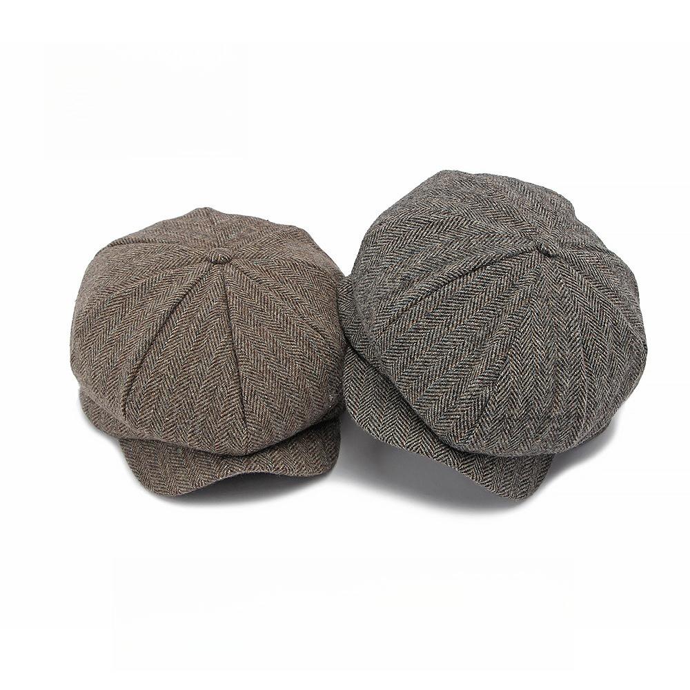 British Style Unisex Herringbone Wool Newsboy Cap, Autumn Winter Eight-Panel Baker Boy Hat, Vintage Casual Painter Beret for Men and Women