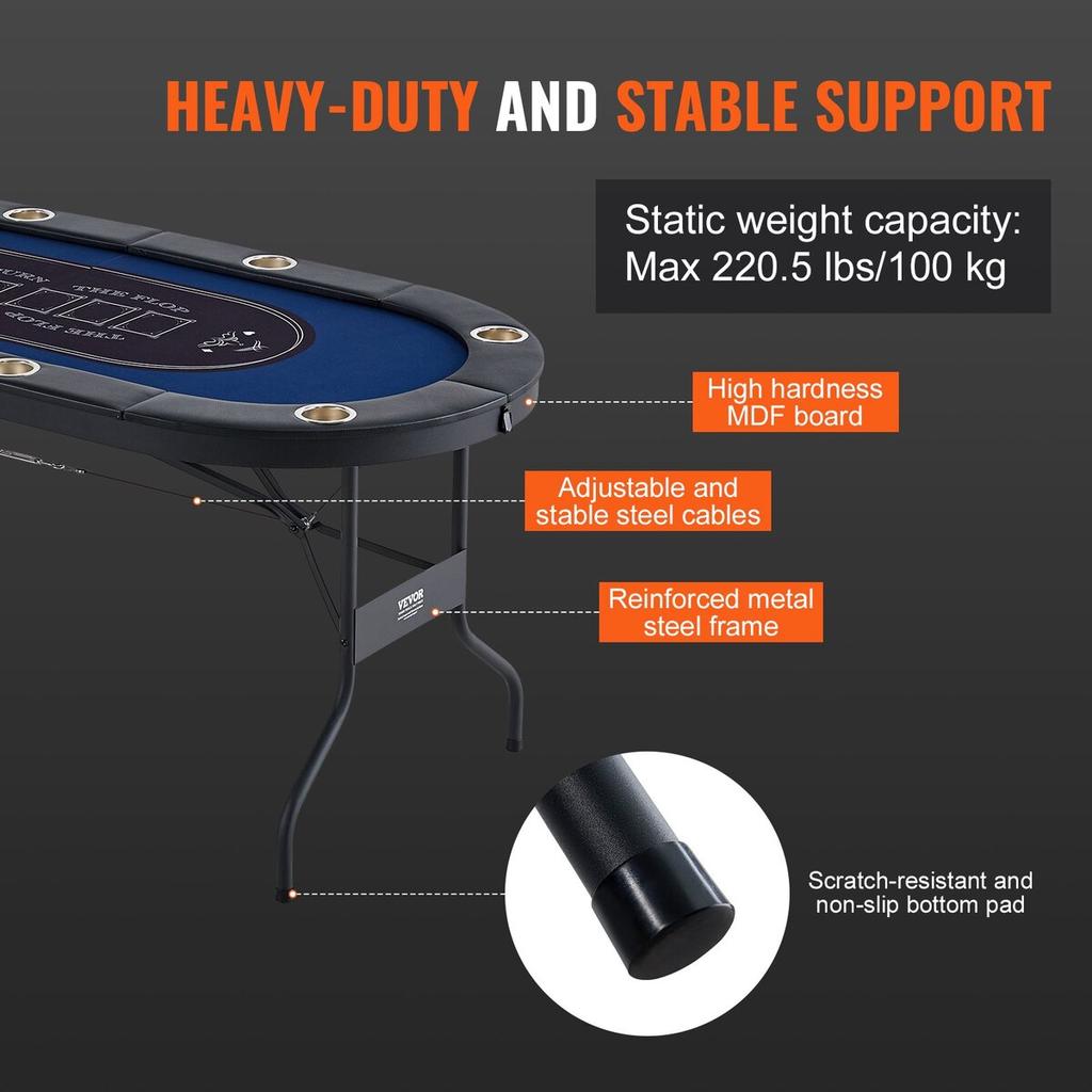 8 Player Foldable Poker Table, Blackjack Texas Holdem Poker Table with Padded Rails and Stainless Steel Cup Holders, Portable Folding Card Board Game