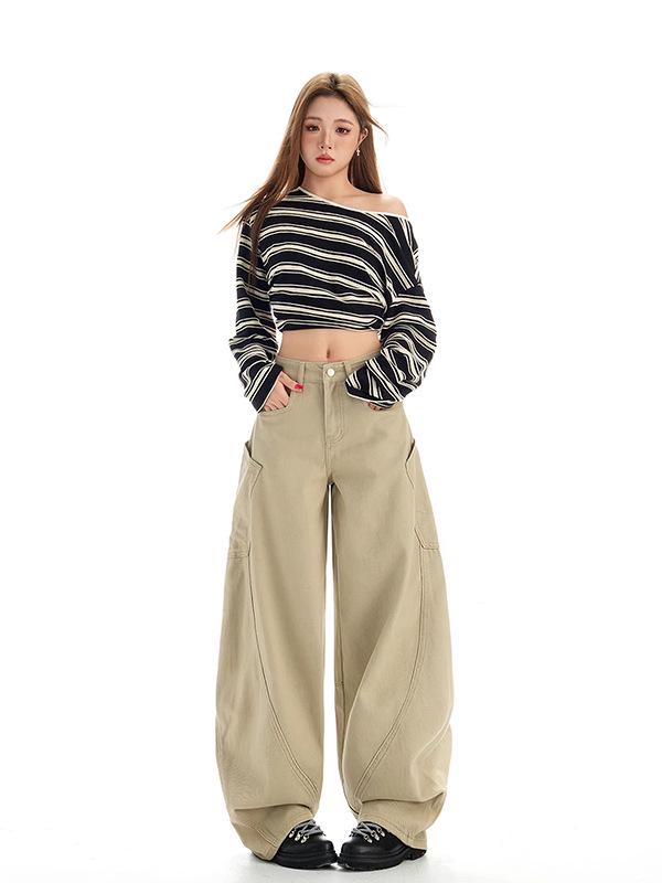 

Women s Plus Size High Waist Wide Leg Khaki Jeans - Slim Fit, Hip Covering, Spring/Autumn XL хаки