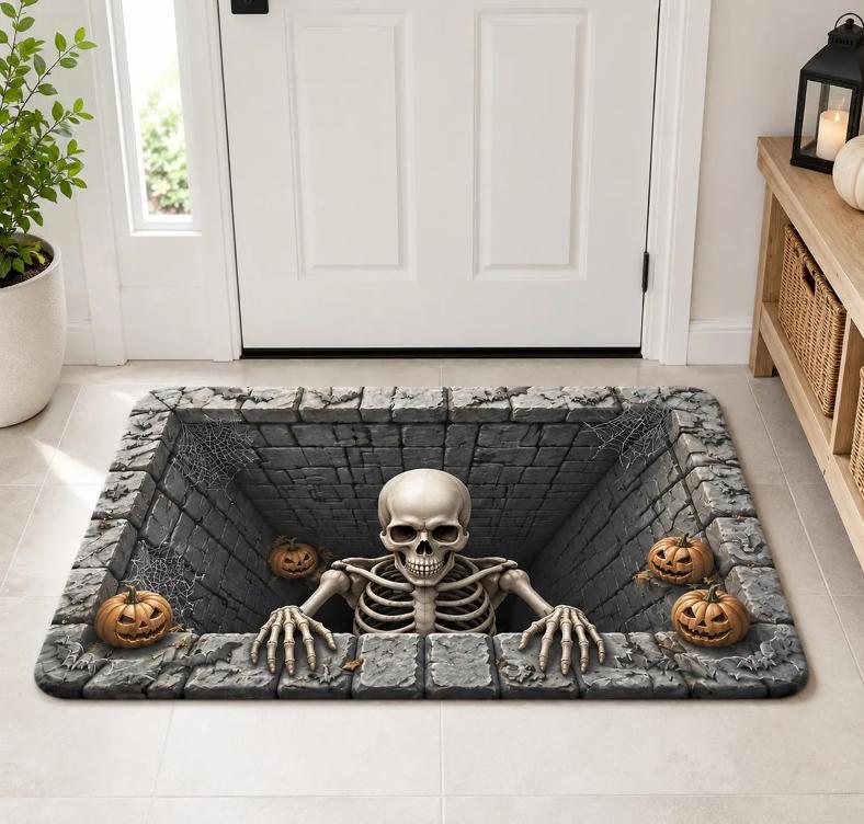 Skeleton 3D Illusion Doormat Halloween Horror Door Mat, Creepy Skull Floor Mat, Spooky Front Porch Decor, Scary Halloween Gift