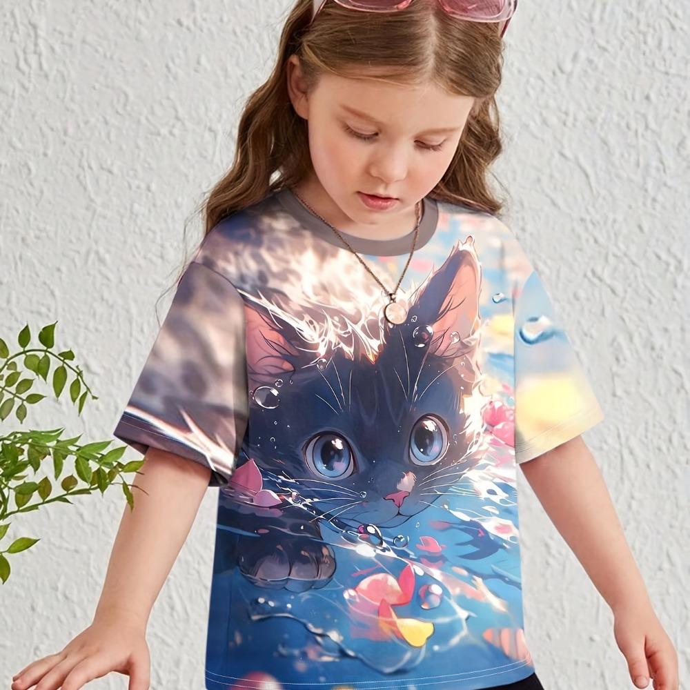 Kids' Short-Sleeve T-Shirt with Cartoon Animal Print, Casual Round Neck, Pretty and Beautiful Girls' Summer Top