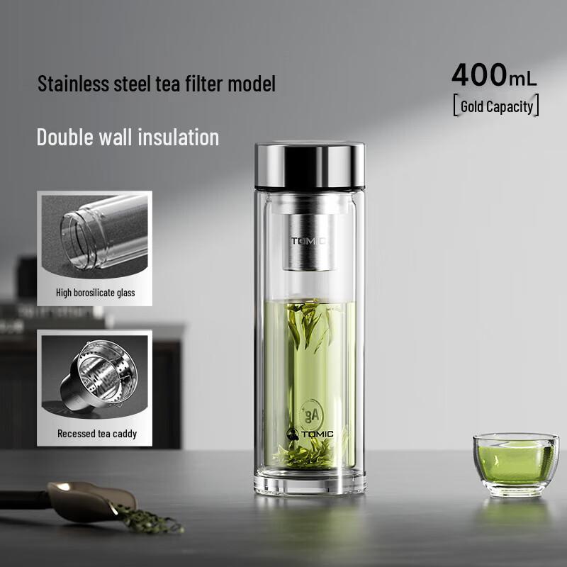 TOMIC 400ml Double Wall Tea Infuser Glass Cup