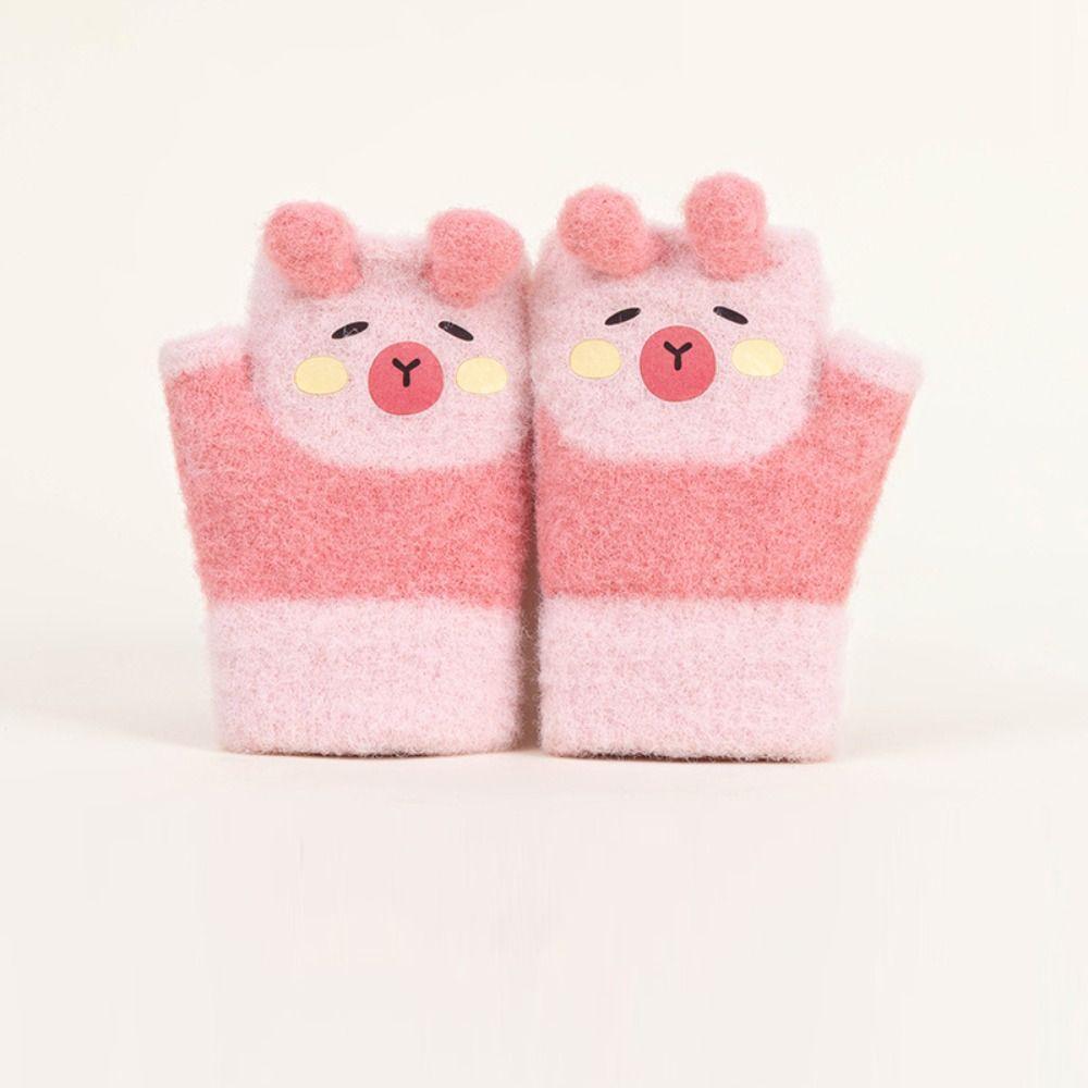 0-3 Years Old Capybara Winter Flip Gloves Thickened Kids Knitted Mitten Half Finger Gloves  School