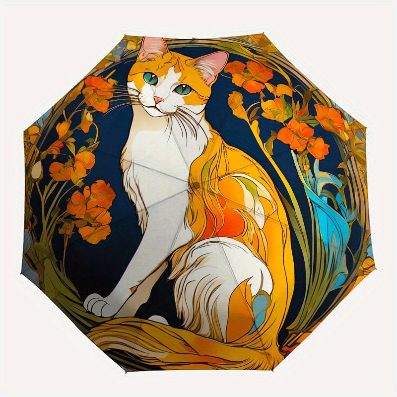 Art Nouveau Cat with Flowers Circular WallArt PrintUmbrella, Portable 3-Fold Compact Umbrella for Men & Women Gift