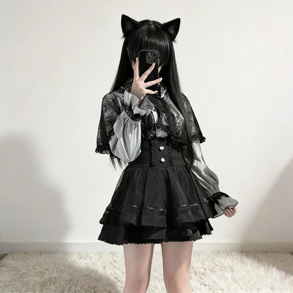 Lace Cloak Top & High-Waisted Skirt Set - Sweet Lolita Style