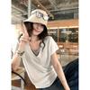 Spring Summer Women Fake Two Piece T Shirt Deep V Neck Contrast Color Snowflake Cotton Casual Slim Fit Short Sleeve Tee Tops