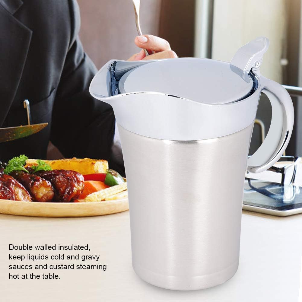 450ML/750ML 304 Stainless Steel Thermal Sauce Pot, Double Wall Insulated Gravy Boat Pot with Lid Serving Jug Bucket with Non-drip Spout for Juice